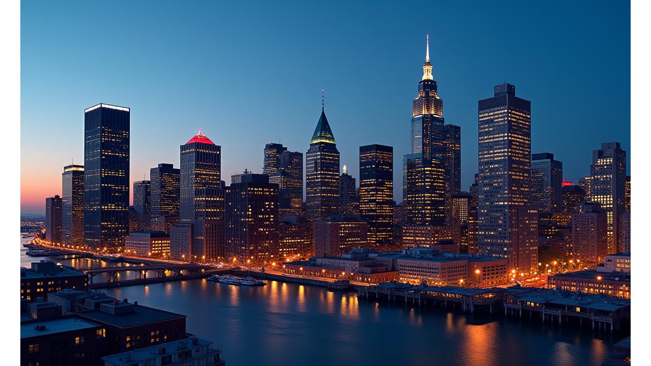 Panoramic view of Boston's Financial District skyline at dusk, highlighting modern office buildings and historic architecture, with a focus on a professional and vibrant urban landscape.
