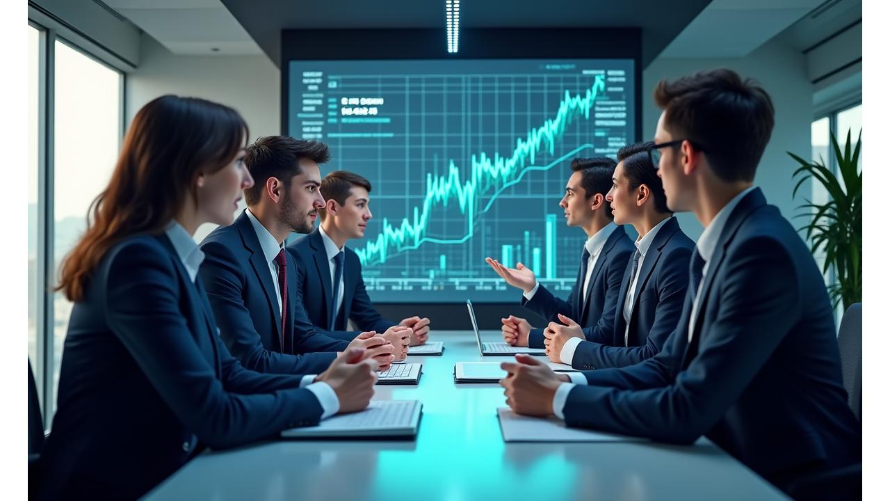 Diverse team of financial and data science experts collaborating around a modern analytics dashboard, representing Aster's Boston team.