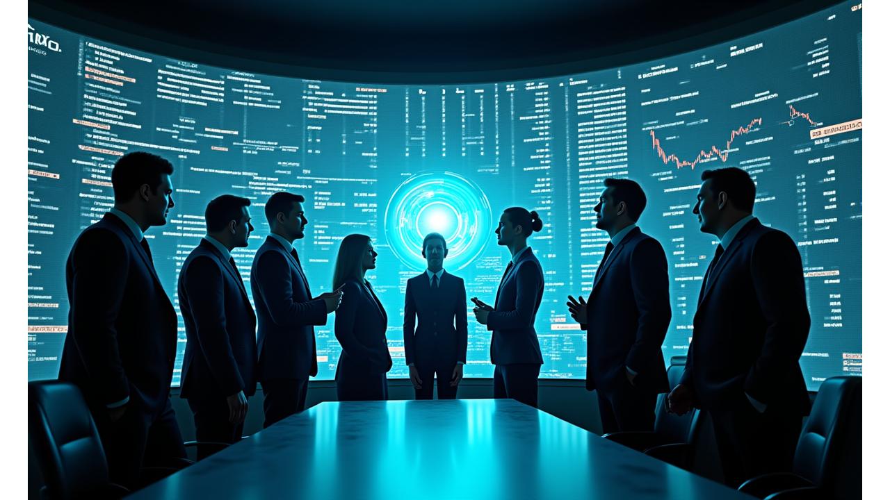 Diverse group of successful investors collaborating around a crypto analytics dashboard