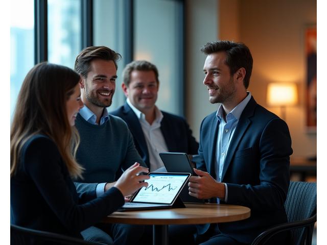 Professional investors engaged in a focused discussion in a modern office lounge