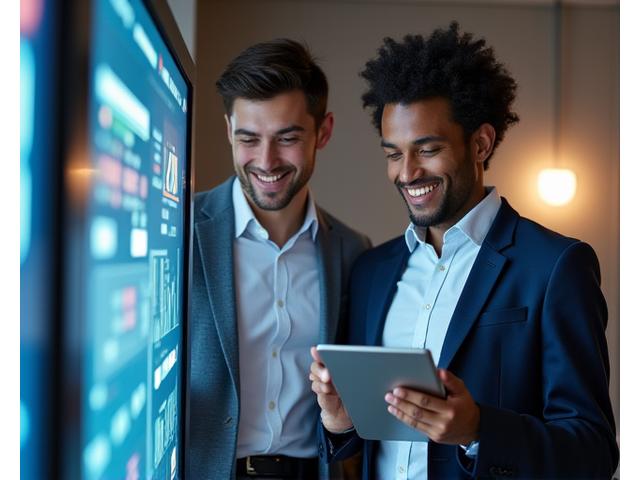 Two professionals discussing crypto tax documents on a digital tablet.