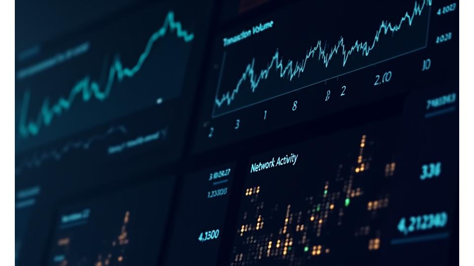 Interactive charts displaying live cryptocurrency transaction volumes and active addresses.