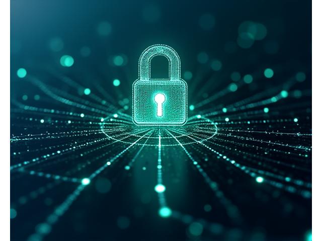 An abstract representation of digital security: interconnected glowing lines forming a vault or secure network, with a prominent digital lock icon.
