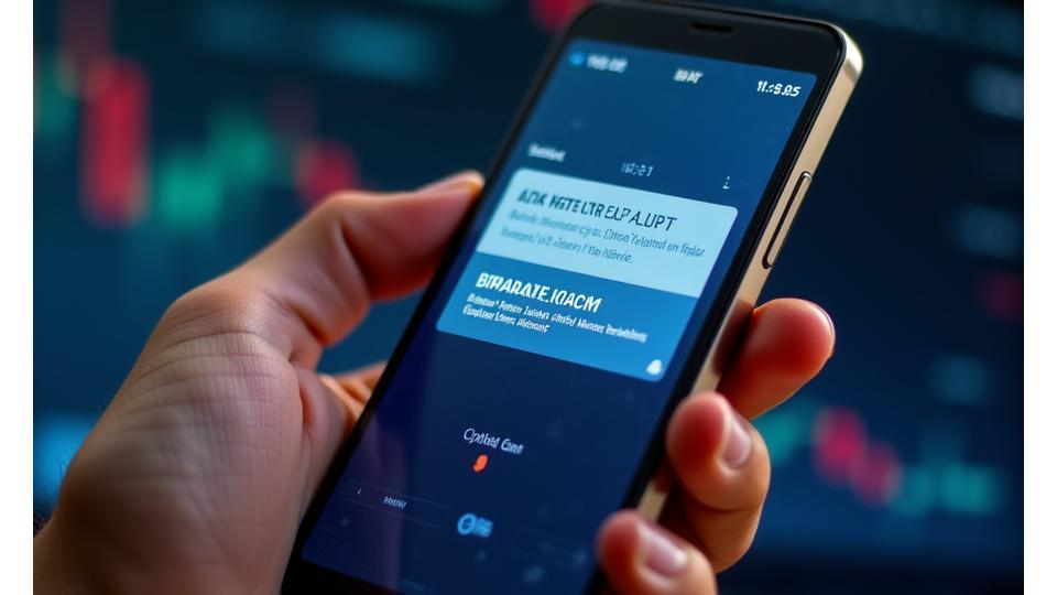 A smartphone displaying a push notification for a crypto trend alert, with an abstract background of financial data waves.
