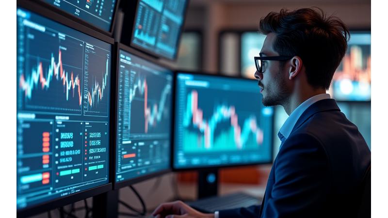 A professional analyst studying complex crypto charts and data on multiple screens in a modern office environment, signifying deep technical and fundamental analysis.