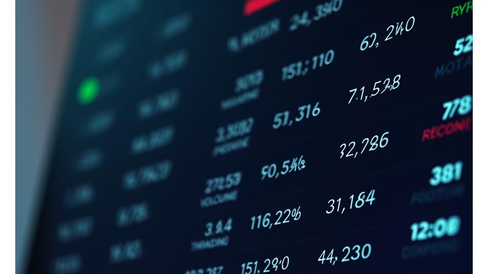 A live dashboard showing a list of cryptocurrencies with real-time price movements, 24h, 7d, 30d changes, trading volume and market cap rankings, color-coded for performance.