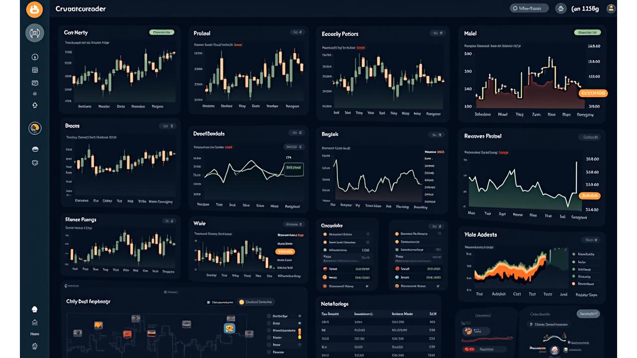 A multi-panel financial dashboard displaying interactive charts for crypto price performance, on-chain metrics, and whale movement tracking with various timeframes and overlay options.