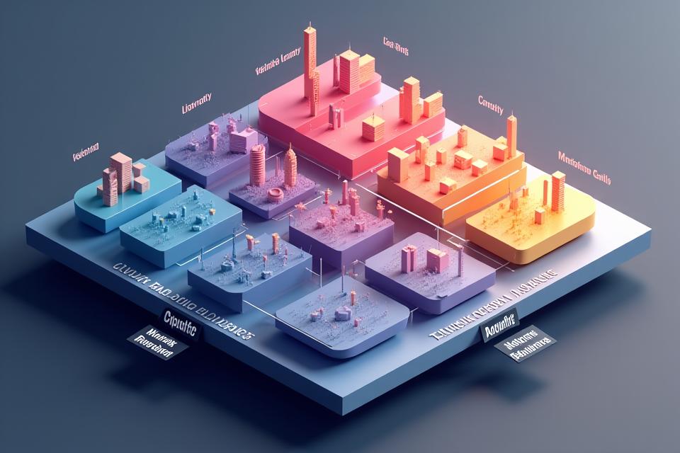 An intricate, color-coded risk matrix diagram with various crypto assets plotted against volatility, liquidity, and regulatory factors.